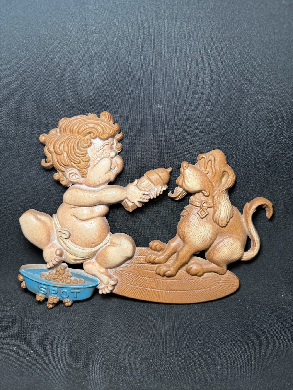 Vtg Sexton Cast Metal Bathroom Wall Plaque Boy Dog Spot 1976 USA Wall Hanger